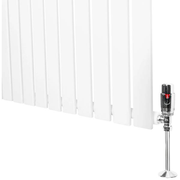 Flat single column radiator in white, 1800mm x 420mm, featuring sleek vertical panels and a chrome valve for modern heating solutions