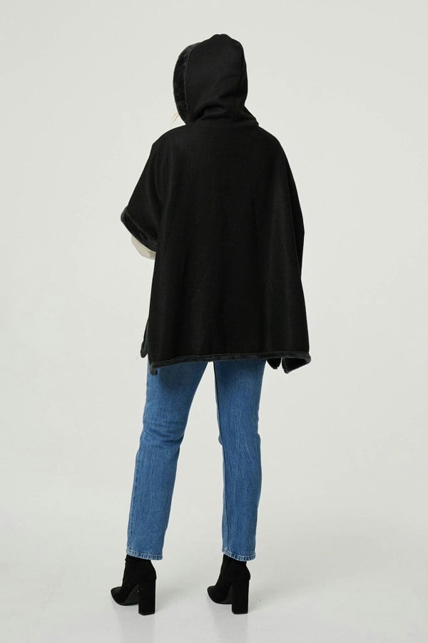 Black | Faux Fur Lined Hooded 1/2 Sleeve Poncho