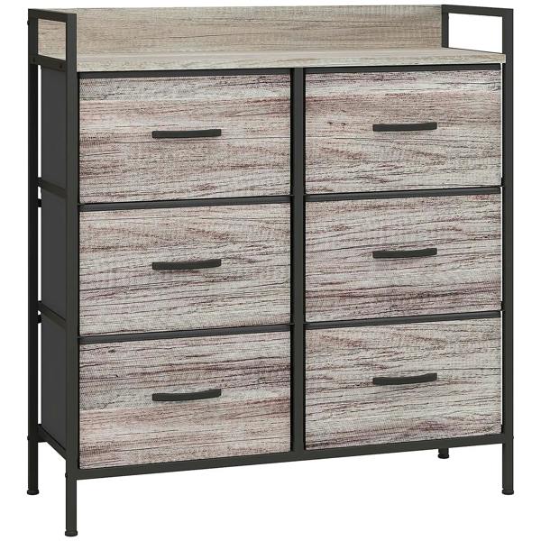 Grey wood-effect fabric drawer chest with six drawers, black handles, and steel frame