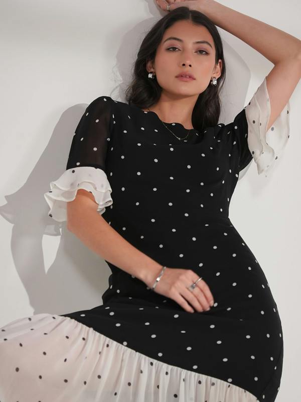 Rose & Nancy Saphi Black and White Pindot Spot Midi Dress