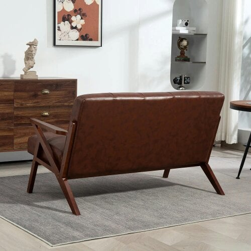 Bobobiy Compact 2 Seater Sofa, Vintage Tufted Loveseat Sofa with Solid Wood Legs, PU Leather Small Couch Settee, 133 x 81 x 78.5 cm, Brown