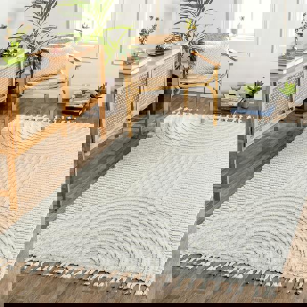 Livabliss Nora-Modern Grey Ivory High Pile Fringe Rug