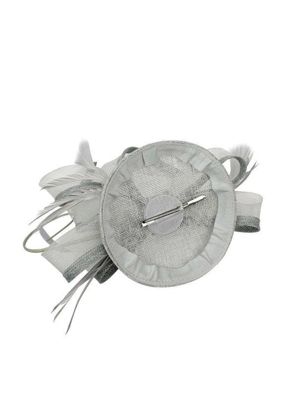 Round Pill Box Fascinator with Bow & Feathers in Grey - svnx