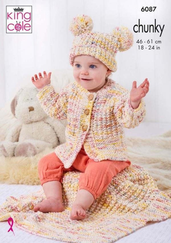 King Cole Bumble Chunky Knitting Pattern 6087, Jackets, Hoodies, Sweaters, Headwear, Blankets for Baby, Kids, 18 - 24 Inches