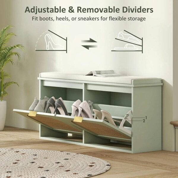 Boho Shoe Bench with Padded Seat and 2 Flip-Drawers - Light Green