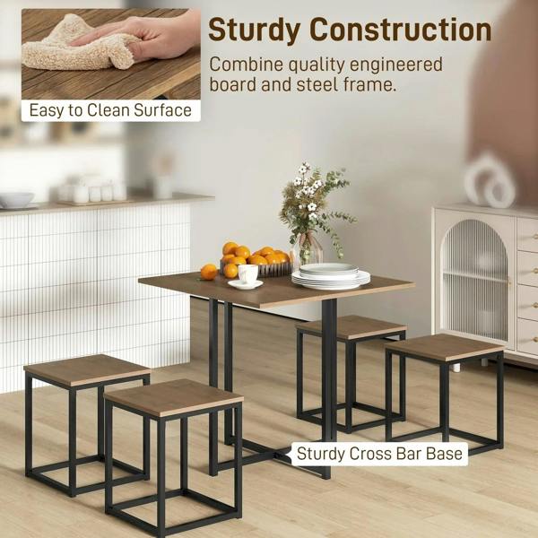 Square brown dining table with black metal frame and matching stools, sturdy construction