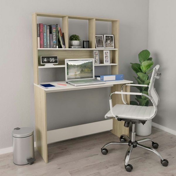 Berkfield Desk with Shelf White and Sonoma Oak 110x45x157 cm Engineered Wood