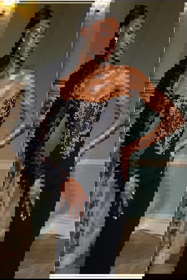 One Shoulder Organza  Fan Detail Lace Bodice Midi Dress - Black DR4607