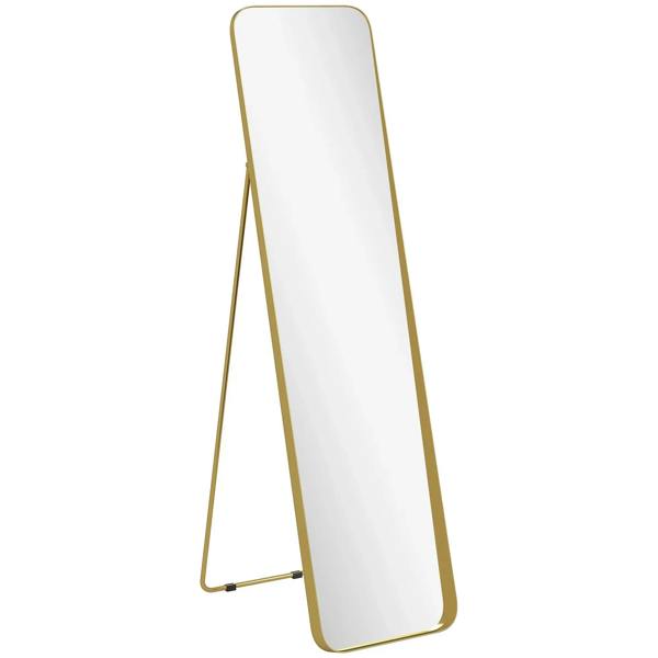 Gold-tone rectangular full-length mirror with slim frame and floor-leaning base