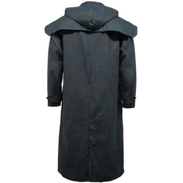 Back view of Classic Wax Stockman coat showing long back panel for extended coverage outdoors
