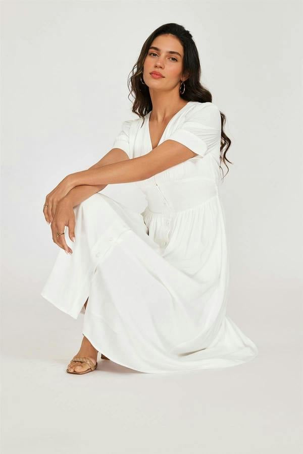 FS Collection Button Front Short Sleeve Midi Dress In White