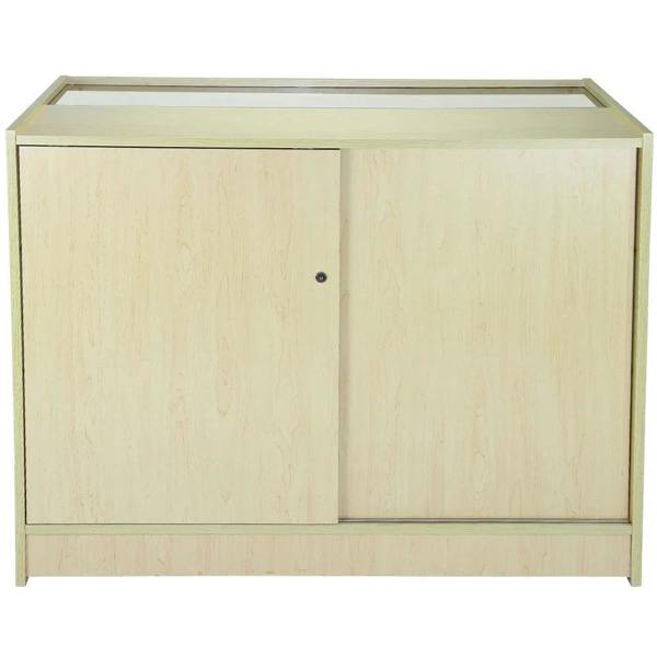 Maple glazed display counter K1200 featuring a smooth, light wood finish, sliding doors, and a sleek, modern design for showcasing products