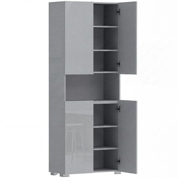 180 cm Tall Kitchen Cupboard, Pantry Storage Cabinet with Soft Close Doors and Adjustable Shelves, High Gloss Grey
