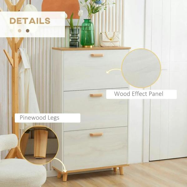 Cream white shoe cabinet with pinewood-style legs and wood-effect front panel