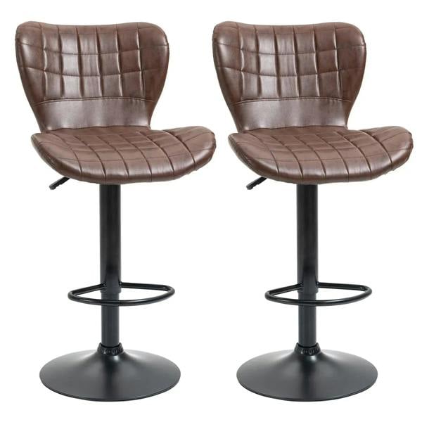 Set of 2 brown PU leather adjustable bar stools with backrest and black swivel bases