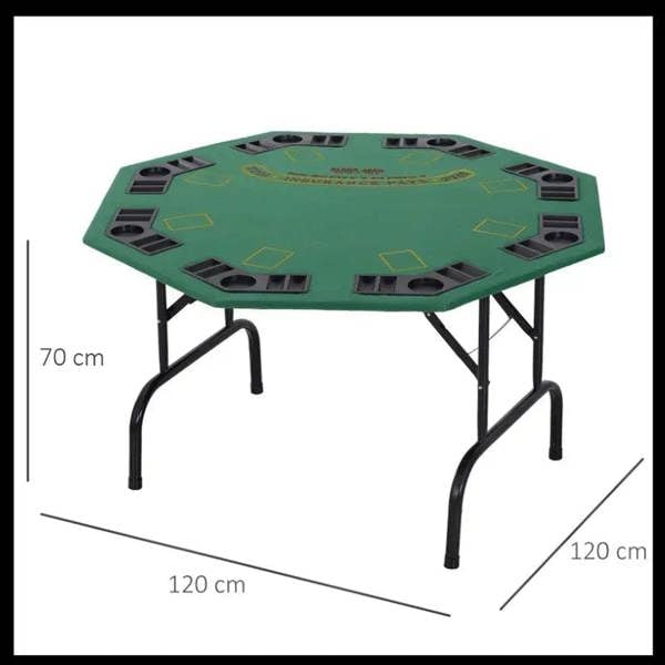 Green octagonal folding poker table with black steel legs and felt top, with size labels