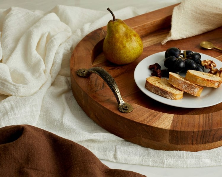 Acacia Wood Rustic Serving Tray with Brass Handles from What a Host Home