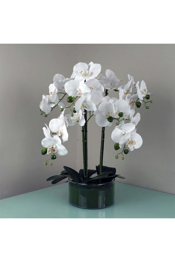Dyzi 50cm Artificial Orchid with White Glass Planter