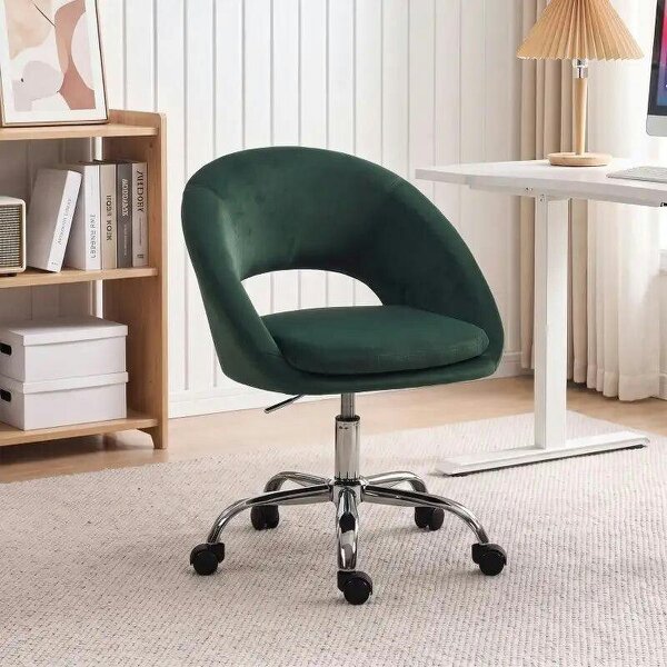 Velvet Desk Chair, Modern Office Chair with Height-Adjustable, Wheels, for Home Study Bedroom, Dark Green - Dark Green