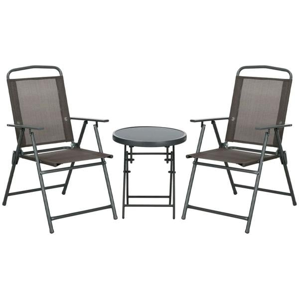 Garden chair set: two dark mesh armchairs and round table with glass top
