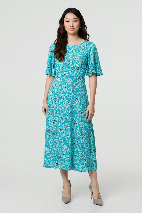 Green | Floral 1/2 Flare Sleeve Midi Dress

