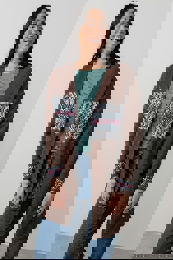 Lily & Me Isle Longline Fair Isle Knit Cardigan Chocolate