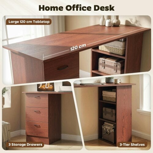 Wyld Haus Mimi 120cm Wooden Walnut Brown Home Office Desk With 3 Shelves And Drawer Storage