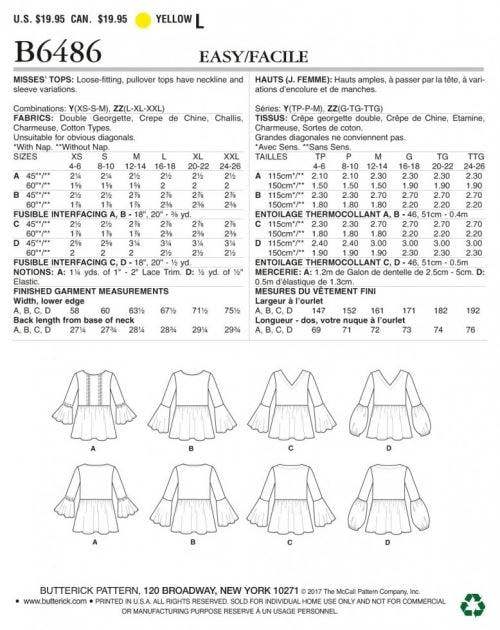 Butterick Sewing Pattern 6486, Tops, Tunics for Women, Y (XSM-SML-MED) - Easy