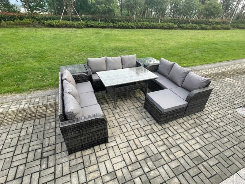 Fimous 10-Seater Rattan Outdoor Lounge Set | Oblong Dining Table, Footstool, 2 Side Tables | Dark Grey