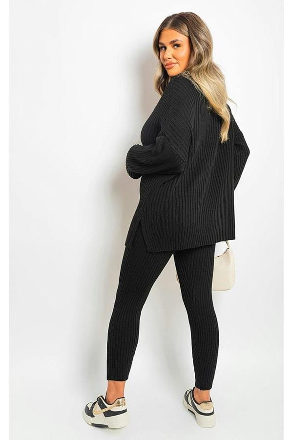 Mila Chunky Knitted High Roll Neck Top Bottom Co-ord Set - Black