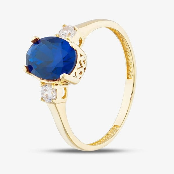 T. H. Baker 9ct Yellow Gold Oval Cut Blue Cubic Zirconia Three Stone Ring RBE045B