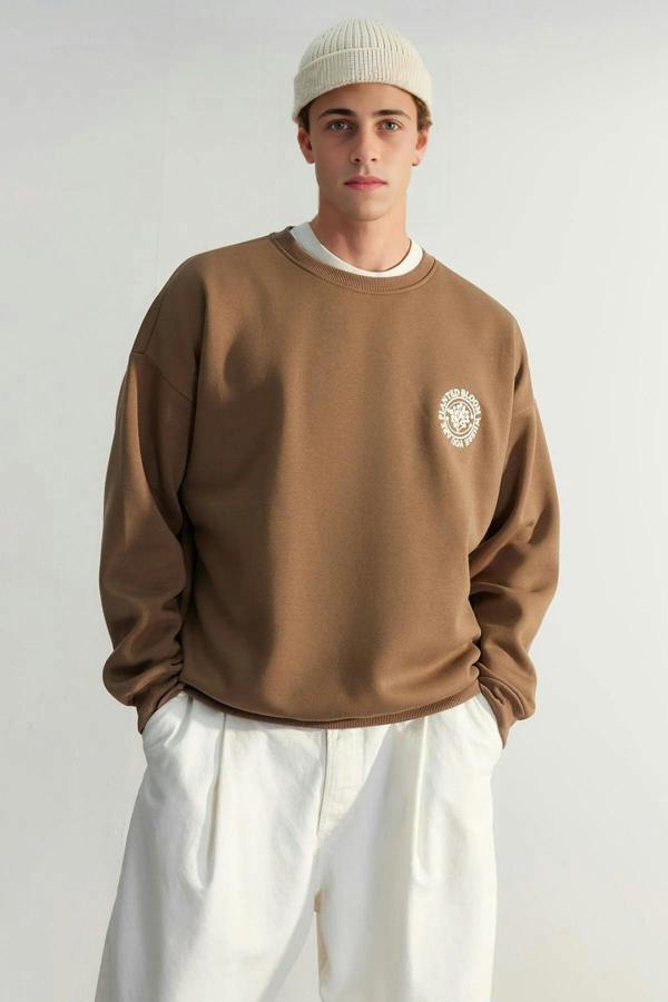 WOVCOR Floral Embroidered Cotton Men's Sweatshirt with Fleece Lining