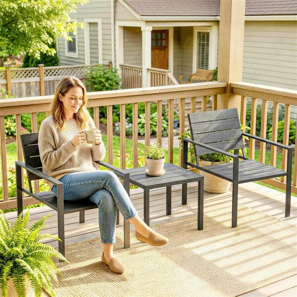 3 Pieces Garden Bistro Set for 2, Outdoor Bistro Table and Chairs with Metal Frame, Plastic Patio Furniture Set