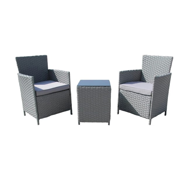 Furniture One Rattan Bistro Garden Furniture 3 Piece Set - PE Rattan Soft Cushion Garden Bistro Set 2 Chairs and Glass Top Table Set - Grey