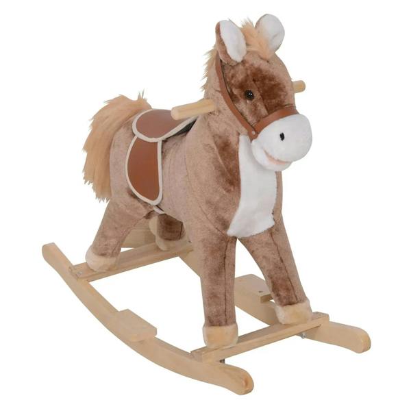 Brown plush rocking horse with white muzzle, brown saddle, wooden rocking base