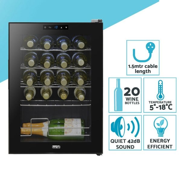 20 Bottle Freestanding Wine Cooler Fridge & Metal Shelves - LED BLACK & GLASS - LoopsDirect