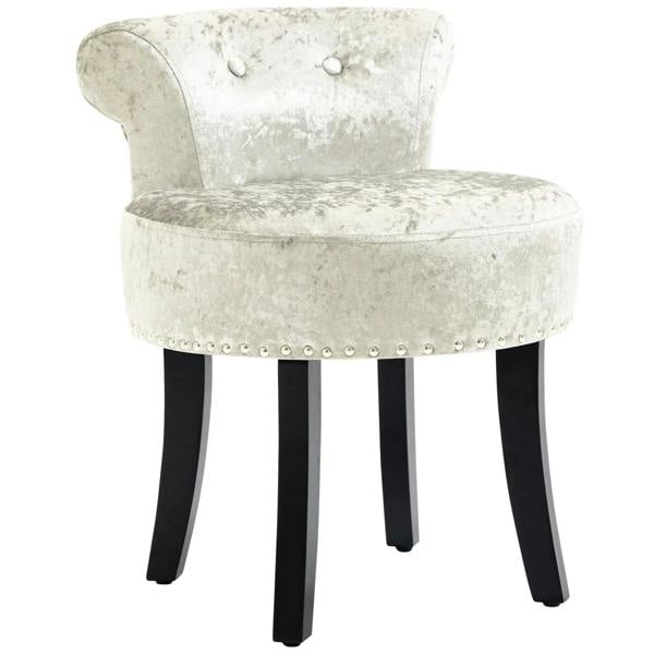 Beige ice velvet dressing table stool with studded trim and four black rubber wood legs