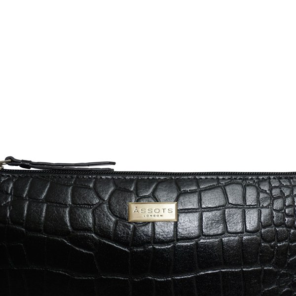 Assots London 'ZARA' Black Croc Real Leather Baguette Shoulder Bag