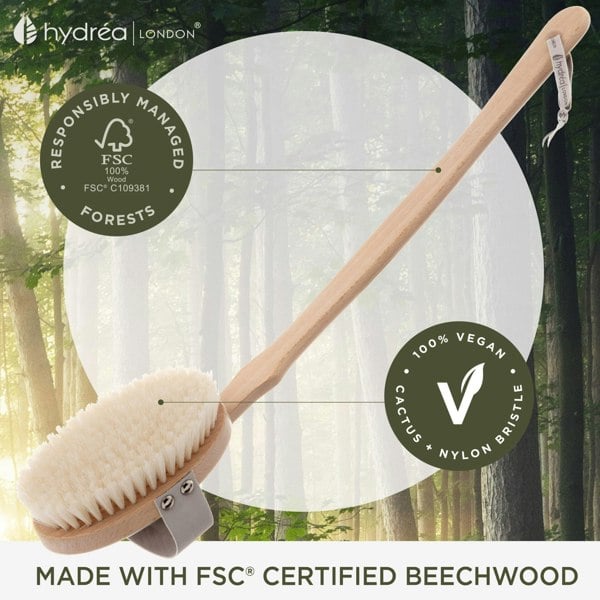 Hydréa London Professional Vegan Dry Body Brush Long Detachable Curved Handle FSC® Certified Beechwood - Cactus & Nylon Bristle