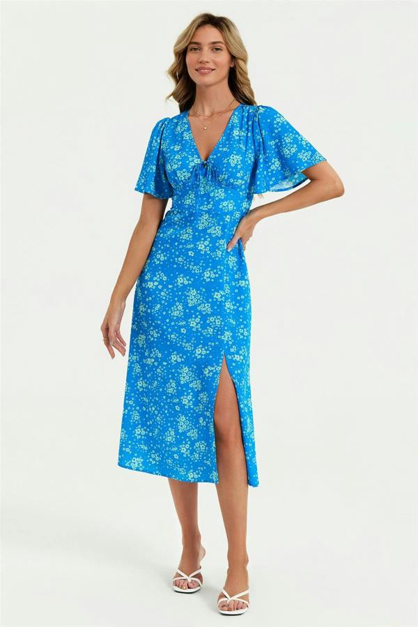 FS Collection Green Floral Print Angel Sleeve Midi Dress In Blue