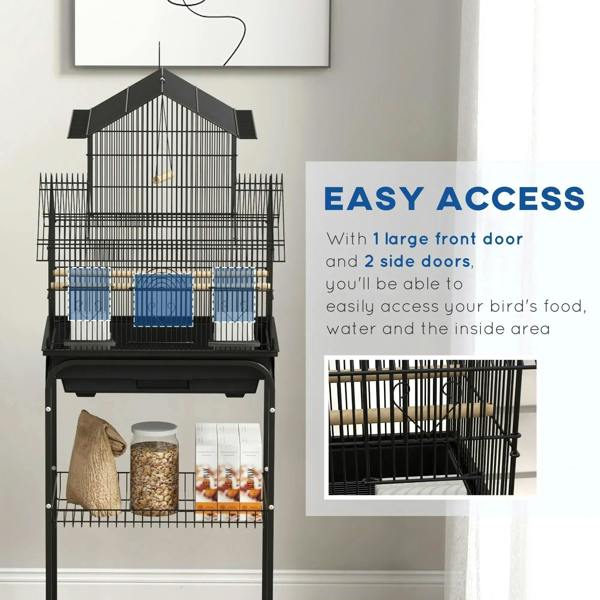 Black metal birdcage with large front door, side doors, and inside storage shelves