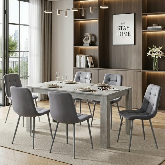 Kosy Koala Modern Stone Grey Effect Dining Table Set With 6 Velvet Chairs Dining Room Furniture Set