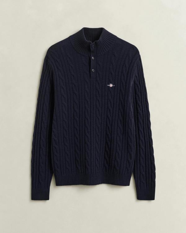 GANT Mens Lambswool Cable Half Button Sweater - 433 Evening Blue | CHO | Designer Mens Half Button Jumpers