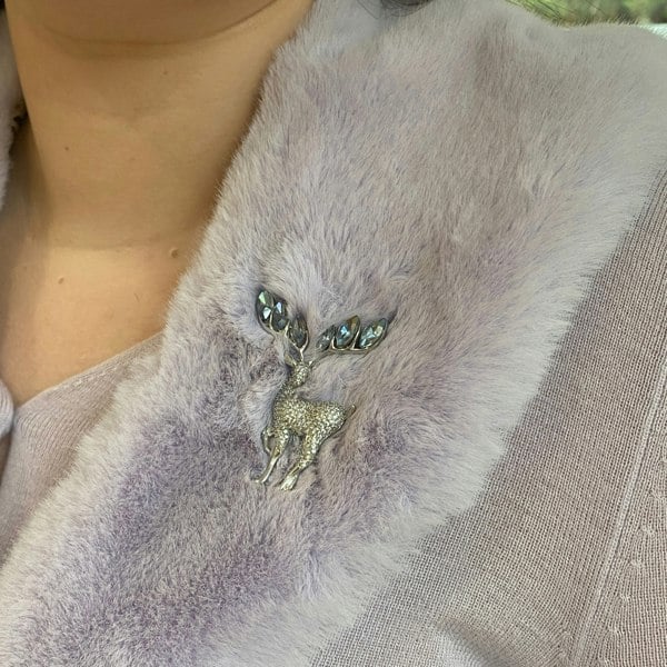 Stag brooch, silver tone metal, crystal embellished body, large dark crystal antlers, sparkling rhinestone detailing, vintage inspired jewellery, elegant decorative pin, gift for her
