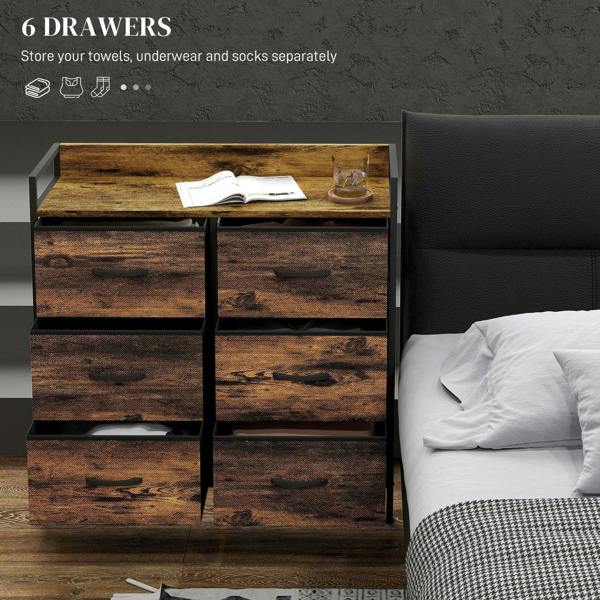 Rustic brown fabric drawer chest with six stacked drawers and black metal support frame
