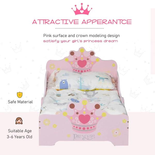 Pink toddler princess bed with crown headboard and safety rails, with patterned mattress