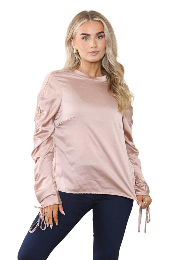 Elaina Fashion Women's Dusty Rose Gold Long Ruched Drawstring Sleeve Crew Round Neck Top 
