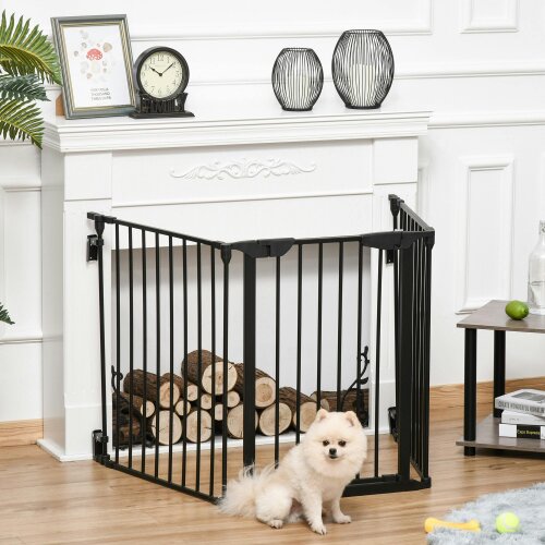 PawHut Pet Safety Gate 3 Panels Playpen Metal Fence W/ Walk Through Door - Black