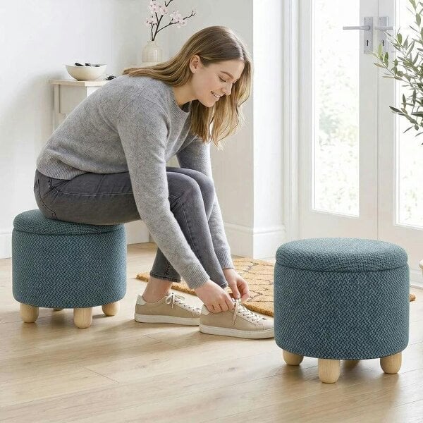 Storage Sitting Bench with Lid, Round Storage Ottoman with Rubberwood Legs, Dark Blue