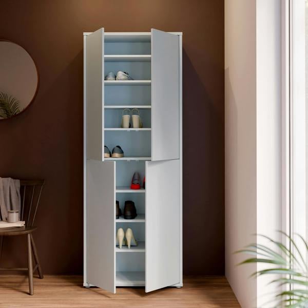 Furniture To Go Alice Springs Tall Shoe Cabinet with 4 Doors Push-to-Open in Light Grey